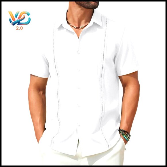 Classic Fit Cuban Guayabera Shirt Short Sleeve Linen Casual Summer Beach